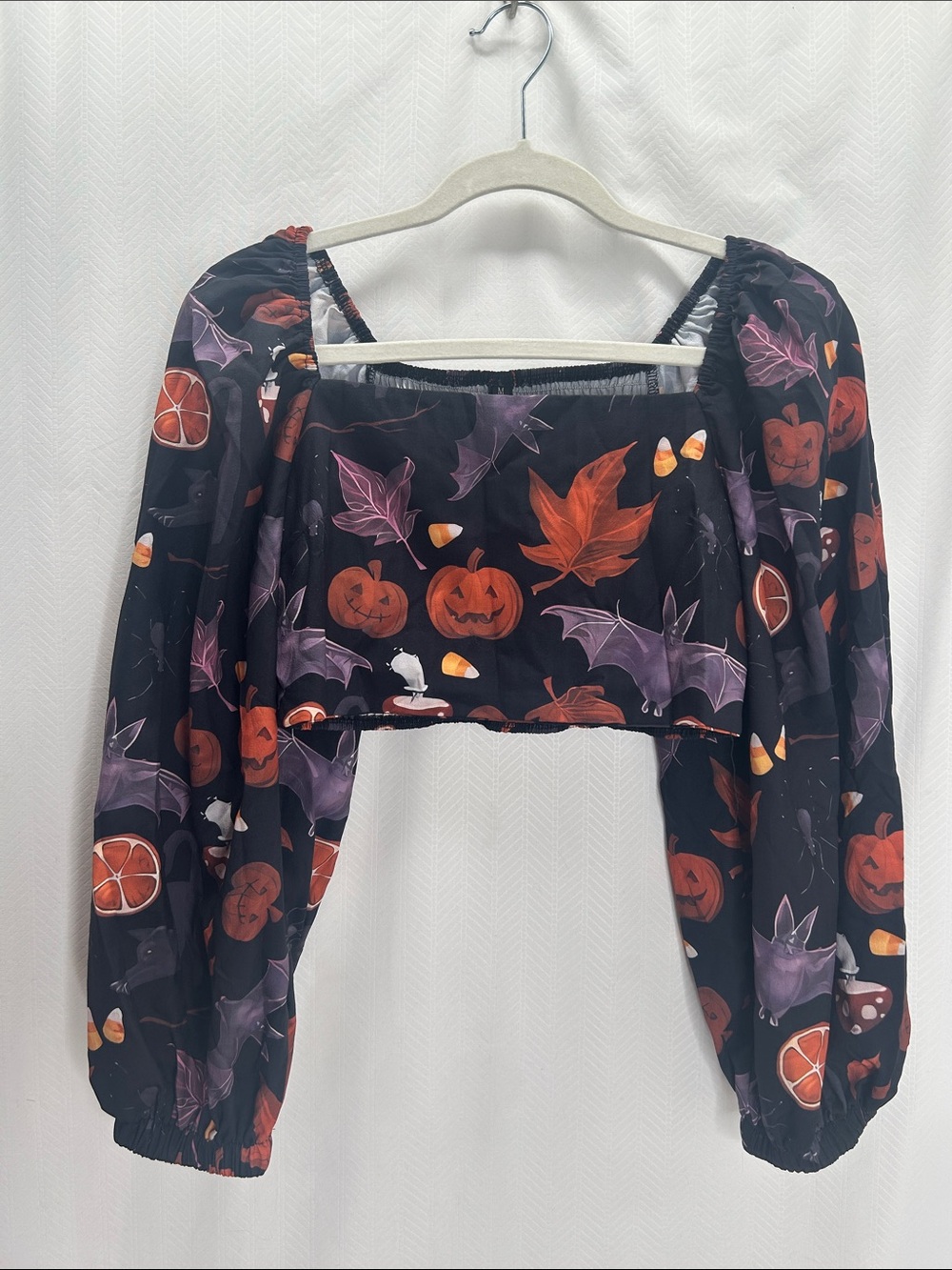 Coramoon Halloween Print Black Cropped Puff-Sleeve Top size m